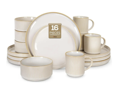 NEW Romswi Dinnerware Cappuccino White Set For 4, 16pcs Stoneware Plates And Bowl DWA-5001