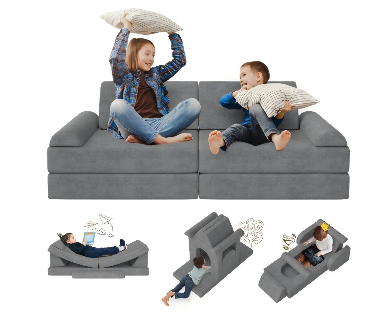 Modular Kids Play Couch 10PCS – Convertible Kids Sofa & Toddler Play Couch with DIY Foam Pieces for Imaginative Play, Climbing &