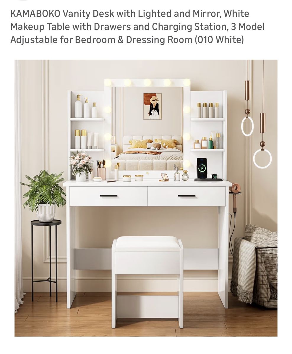 NEW White Vanity: Light, Mirror, Drawers