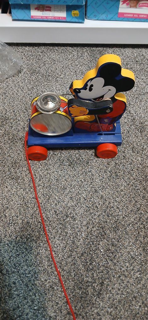 Vintage Mickey Mouse Wooden Pull Toy with Drum and Cymbals