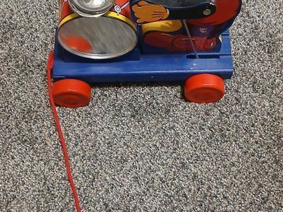 Vintage Mickey Mouse Wooden Pull Toy with Drum and Cymbals