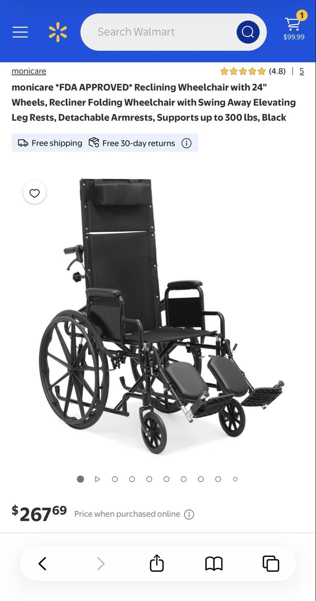 Monicare A10-WL-008SP-BK-BK Reclining Wheelchair, 24" Wheels, Detachable Armrests, brand new