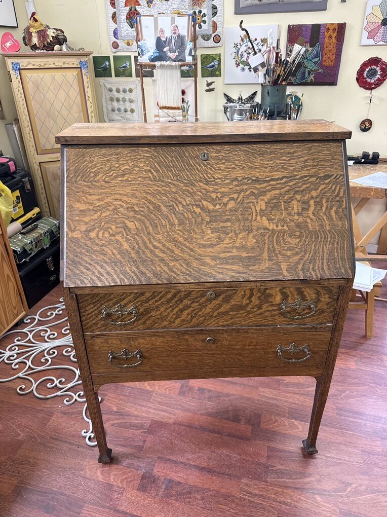 Antique Tiger Oak Drop-Front Desk