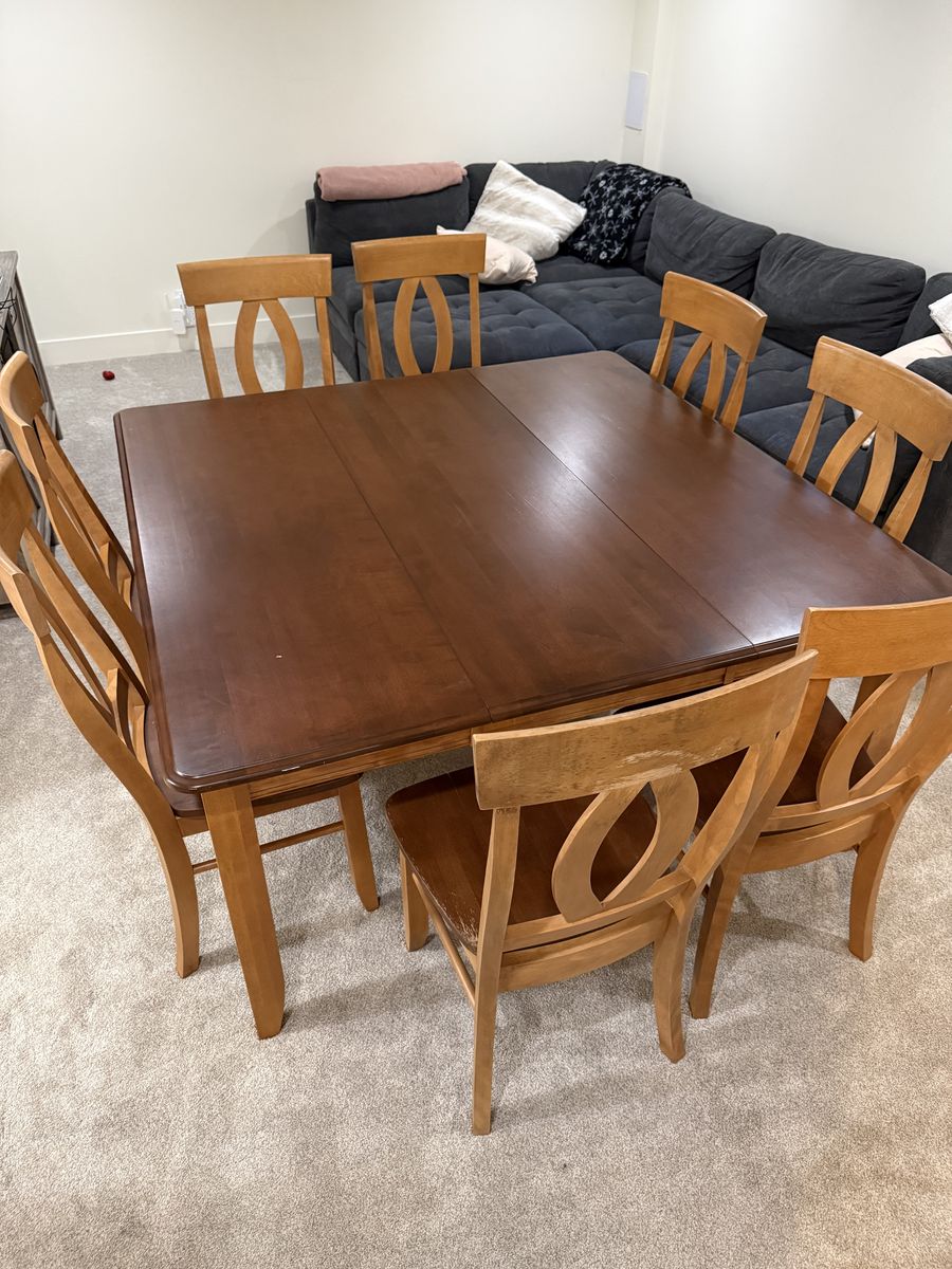 Canadian-made hardwood 60" square dining table with 8 matching chairs in Chestnut/Honey finish - $575 OBO