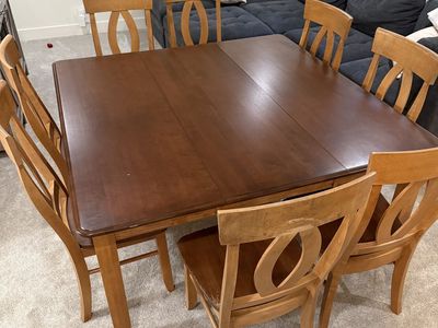 Canadian-made hardwood 60" square dining table with 8 matching chairs in Chestnut/Honey finish - $575 OBO