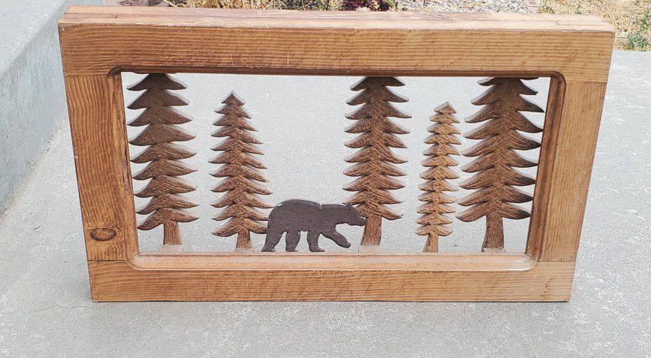 Rustic Hand-Carved Wooden Bear and Pine Trees Framed Wall Decor