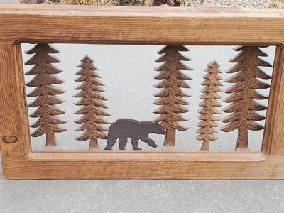 Rustic Hand-Carved Wooden Bear and Pine Trees Framed Wall Decor