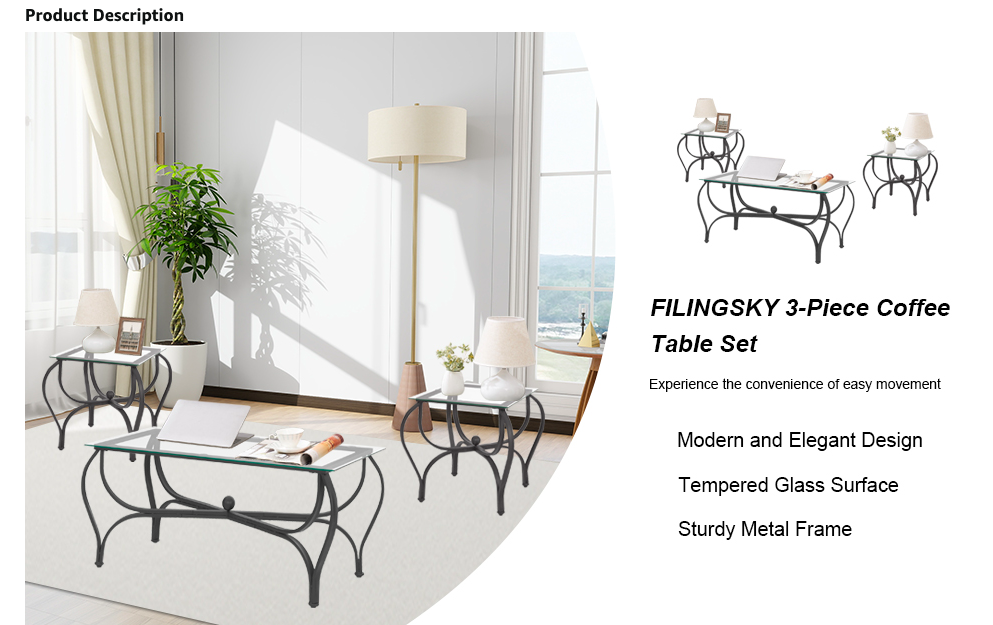 NEW--3-PIECE COFFEE TABLE SET, TEMPERED GLASS WITH METAL FRAMES