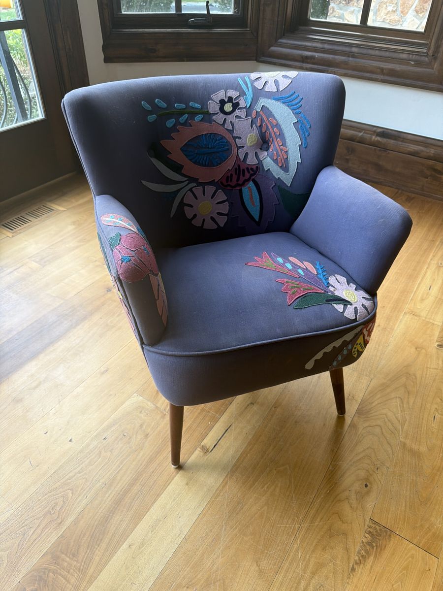 Anthropologie Unique Floral Embroidered Accent Armchair with Wooden Legs