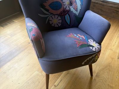 Anthropologie Unique Floral Embroidered Accent Armchair with Wooden Legs