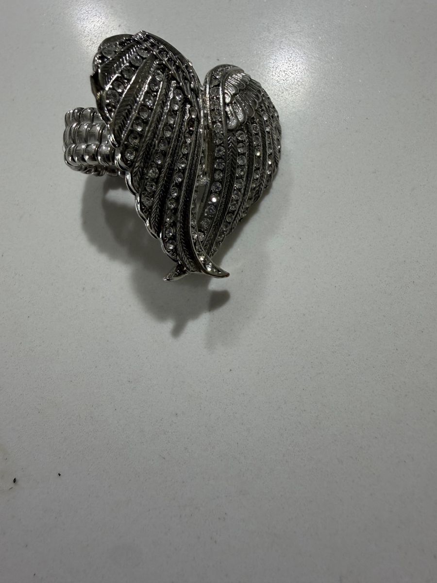 Silver-Tone Rhinestone Angel Wings Heart Statement Ring