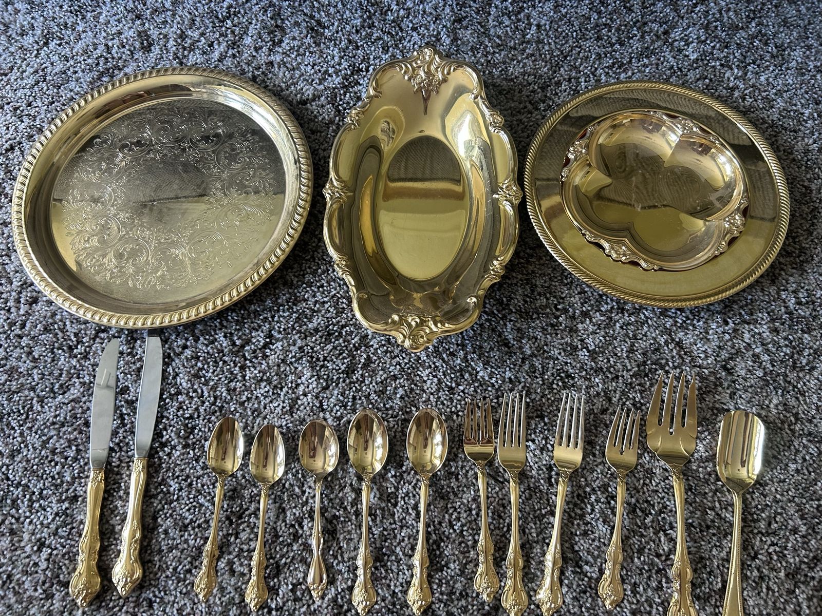 Vintage Brass Ornate Trays and Gold Tone Flatware Set - Decorative Serving Pieces