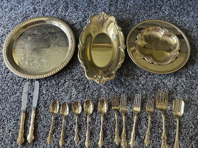 Vintage Brass Ornate Trays and Gold Tone Flatware Set - Decorative Serving Pieces