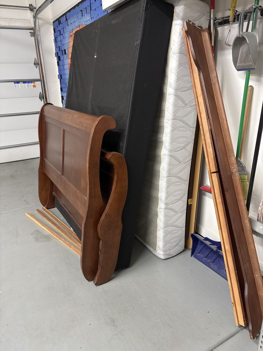 Queen Sleigh Bed, Mattress, and Box Spring