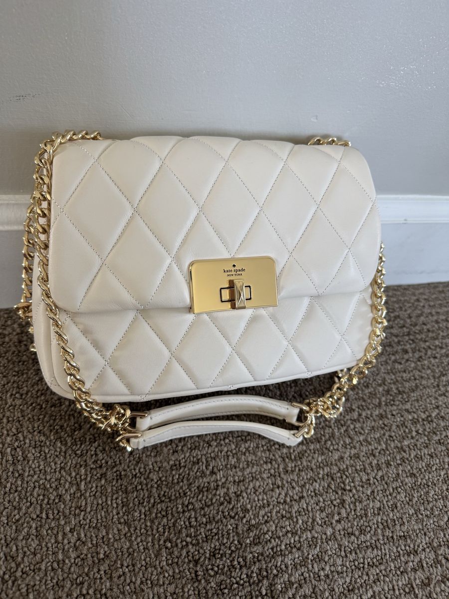 Kate Spade New York Quilted White Leather Chain Strap Shoulder Bag with Gold Hardware