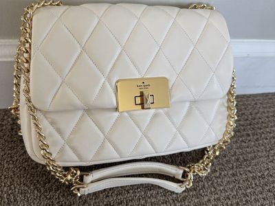 Kate Spade New York Quilted White Leather Chain Strap Shoulder Bag with Gold Hardware