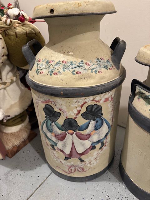 10-gallon cans  farm milk cans from roughly the 1930–1950 period, which were later decoratively painted with folk art