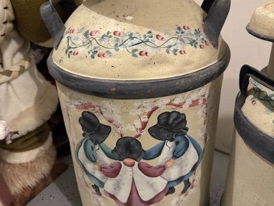 10-gallon cans farm milk cans from roughly the 1930–1950 period, which were later decoratively painted with folk art