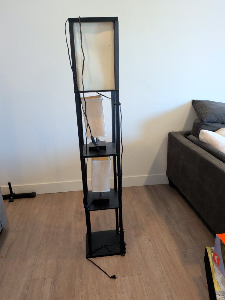 Black Wooden Shelf Floor Lamp with Beige Fabric Shades