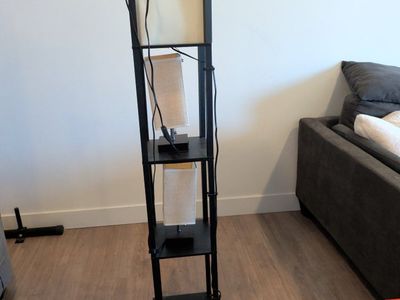 Black Wooden Shelf Floor Lamp with Beige Fabric Shades