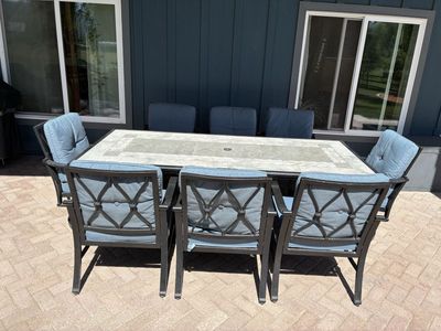 Outdoor Dining Set with Tiled Table and 8 Cushioned Chairs - Perfect for Patio/Garden