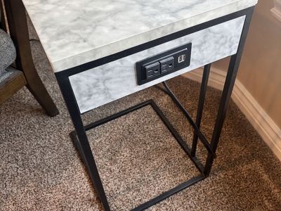 Modern White Marble End Table with Built-in Outlets & USB Ports - Black Metal Frame Side Table