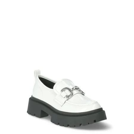 Time and Tru Women's White Chunky Platform Loafers, Size 11, Patent Leather with Chain Detail