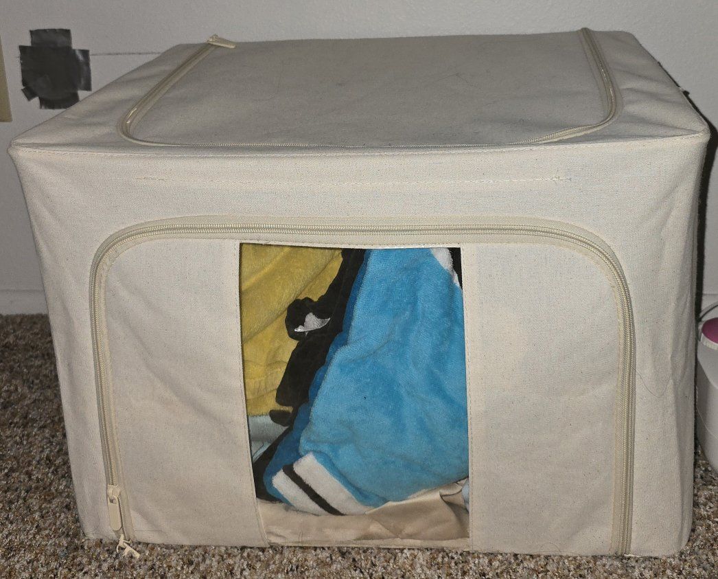 Large Beige Canvas Storage Bin Box with Clear Window and Zippers