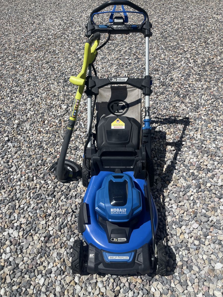 Kobalt Brushless 24V Max Self-Propelled Lawn Mower and Ryobi Trimmer