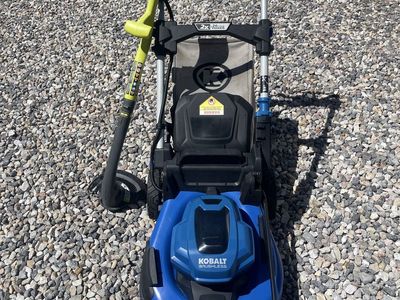 Kobalt Brushless 24V Max Self-Propelled Lawn Mower and Ryobi Trimmer