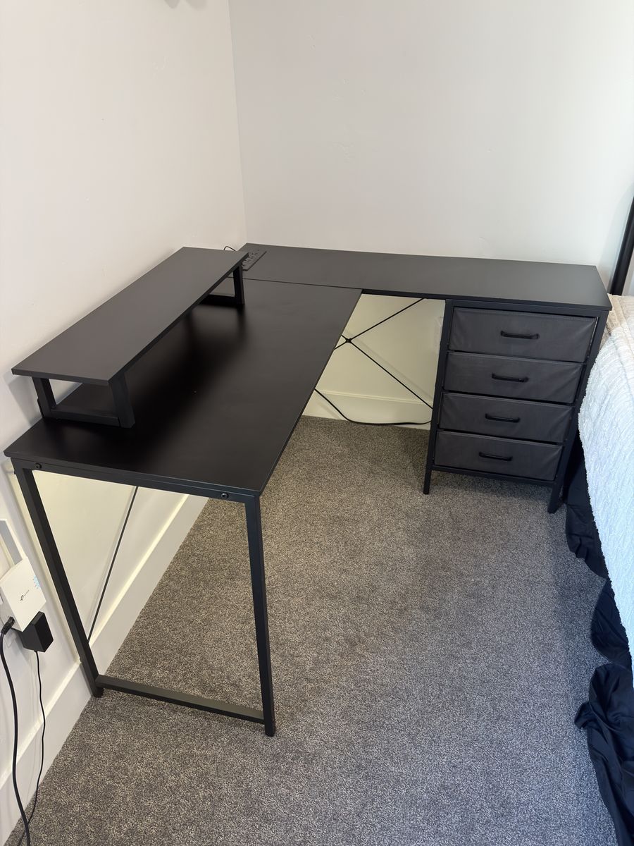 L-Shaped Corner Desk with Storage Drawers & Monitor Stand - Black Modern Home Office Furniture