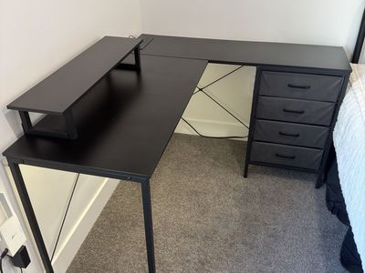 L-Shaped Corner Desk with Storage Drawers & Monitor Stand - Black Modern Home Office Furniture