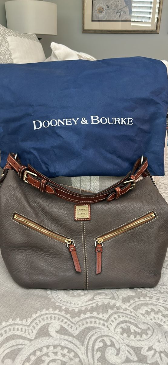 Dooney & Bourke Grey Pebbled Leather Hobo Shoulder Bag with Brown Trim and Gold Hardware