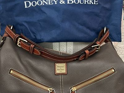 Dooney & Bourke Grey Pebbled Leather Hobo Shoulder Bag with Brown Trim and Gold Hardware