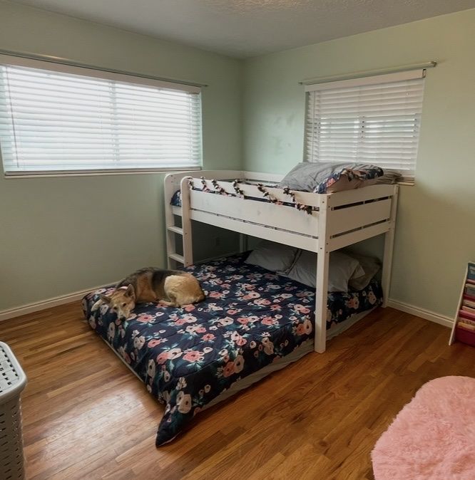 White Wood Twin Over Full Bunk Bed with Built-in Ladder