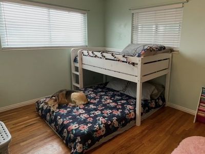 White Wood Twin Over Full Bunk Bed with Built-in Ladder
