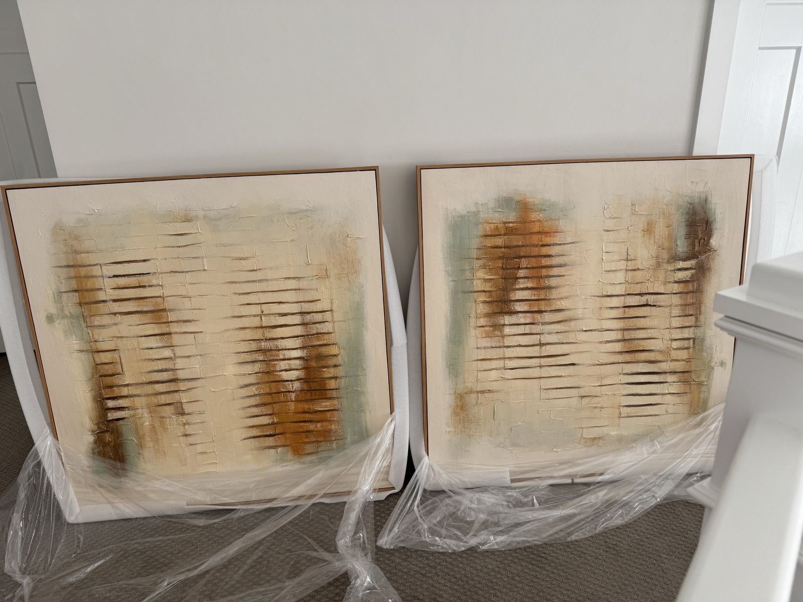 Abstract Textured Canvas Wall Art Set - 2 Large Pieces, Neutral Tones, Wood Frames, New Condition, Size 40x40