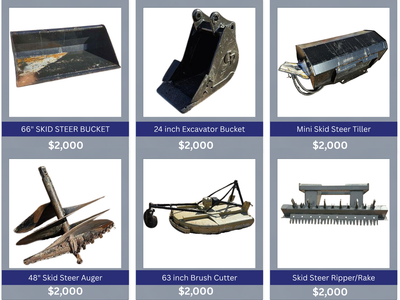 Excavator, Skid Steer, and Tractor Attachments-Bucket, Auger, Tiller, Brush Cutter, Ripper/Rake, Mini