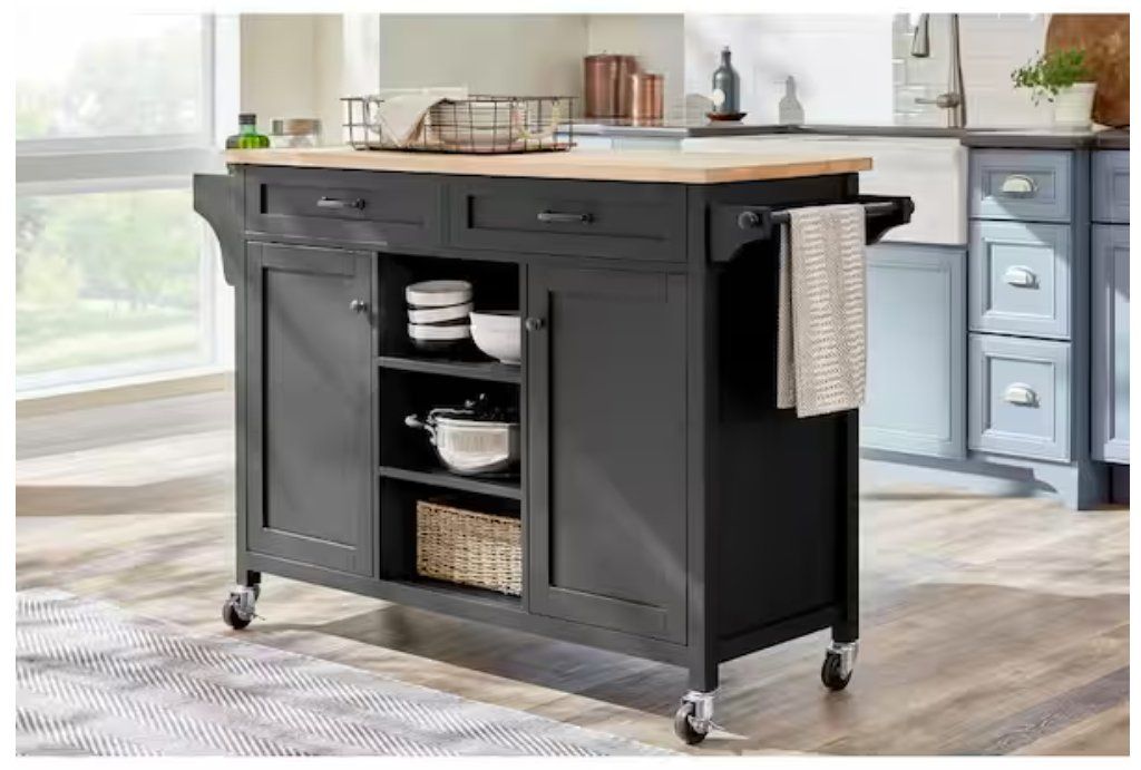 Kitchen Cart with Butcher Block Top and Double-Drawer Storage * NEW * Still in box