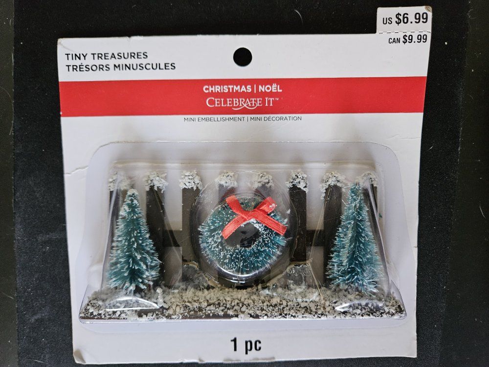 Christmas village brown picket fence trees, wreath