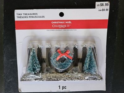 Christmas village brown picket fence trees, wreath