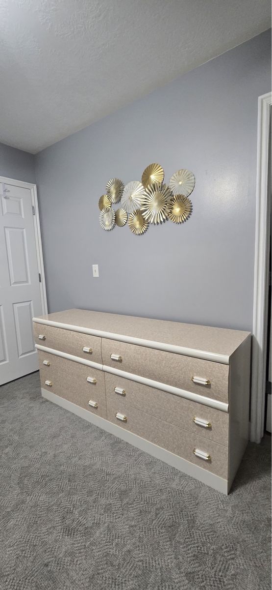 Stylish 6-Drawer Dresser with Gold Accents - Beige/White Finish and two night stands
