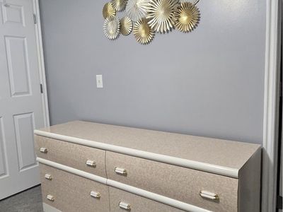 Stylish 6-Drawer Dresser with Gold Accents - Beige/White Finish and two night stands