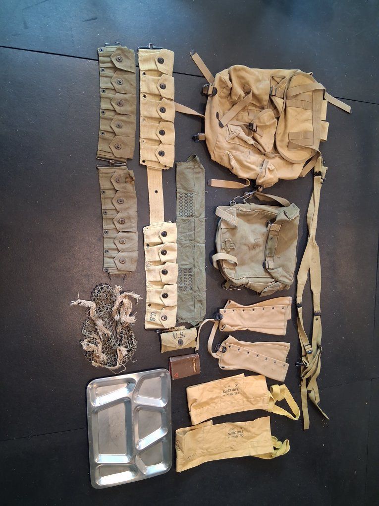 Vintage And Repo WWII US Military Canvas Webbing Gear Lot - Ammo Belts, Pouches, Mess Kit & More