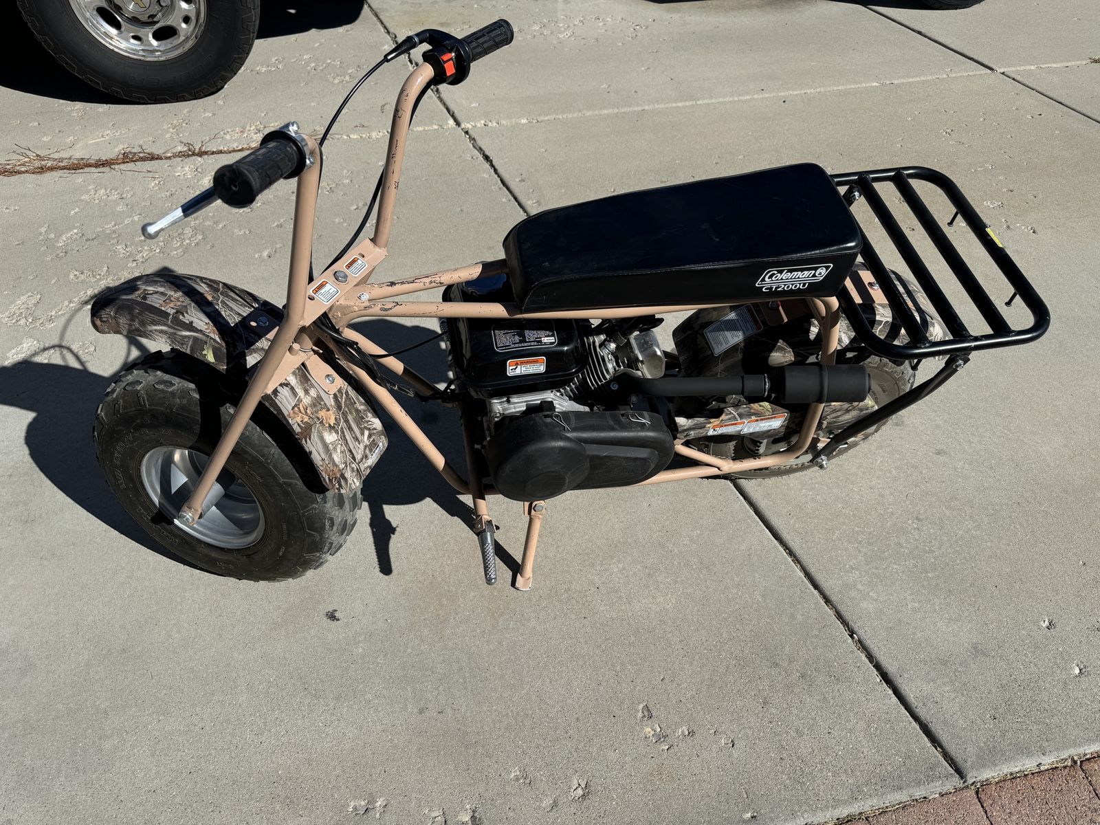 Coleman CT200U Mini Bike - Tan/Camo - 196cc Engine, Off-Road Ready, Rear Rack