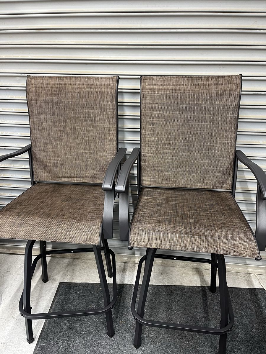 Outdoor Patio Swivel Bar Stools, Set of 2, Brown Textilene Fabric, Black Metal Frame, All-Weather