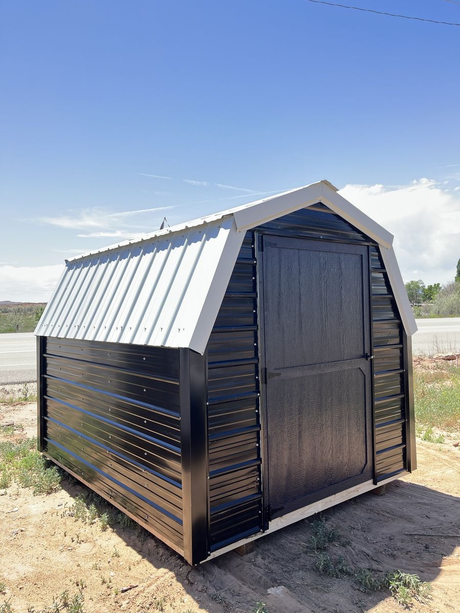 Custom Built 8x10 Mini Barn Shed - Gambrel Roof, Black Siding, White Trim - Storage Solution