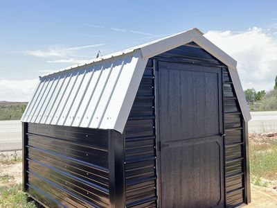 Custom Built 8x10 Mini Barn Shed - Gambrel Roof, Black Siding, White Trim - Storage Solution