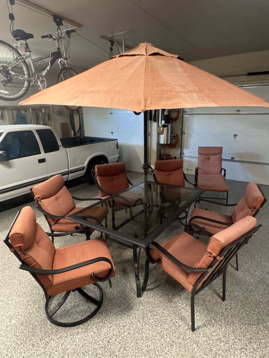 Patio Table, 6 chairs, Umbrella, Chaise