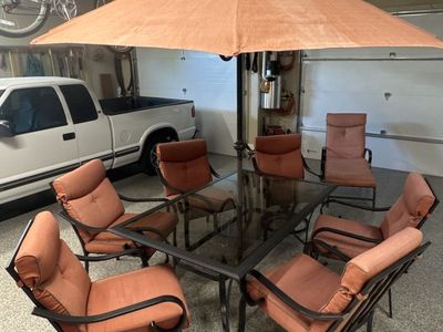 Patio Table, 6 chairs, Umbrella, Chaise